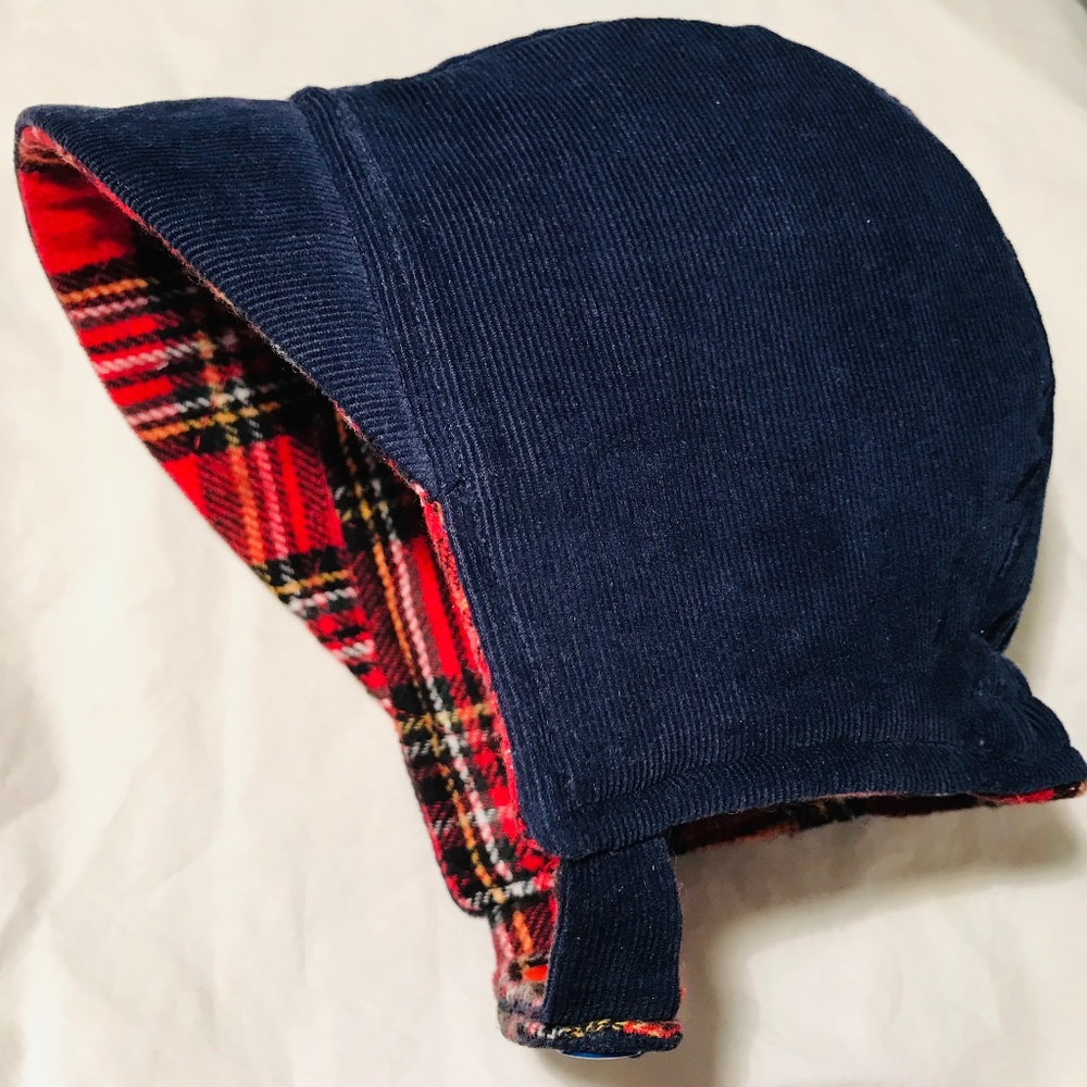 One of a kind Corduroy Baby Bonnet with Quilted Plaid Flannel Lining